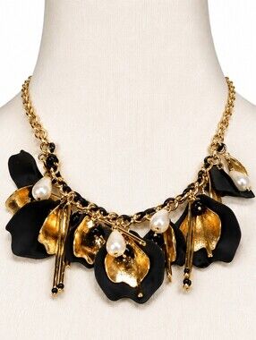 Vintage Chunky Black Gold Tone Faux Pearl Floral Bib Statement Necklace 18-21"